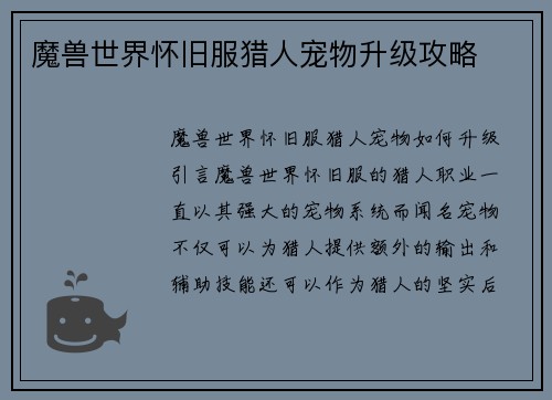 魔兽世界怀旧服猎人宠物升级攻略